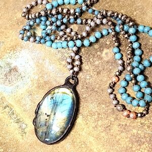 Labrodorite Blue & Gold Flash Pendant +Faceted Stone Necklace Chakra Healing 34"
